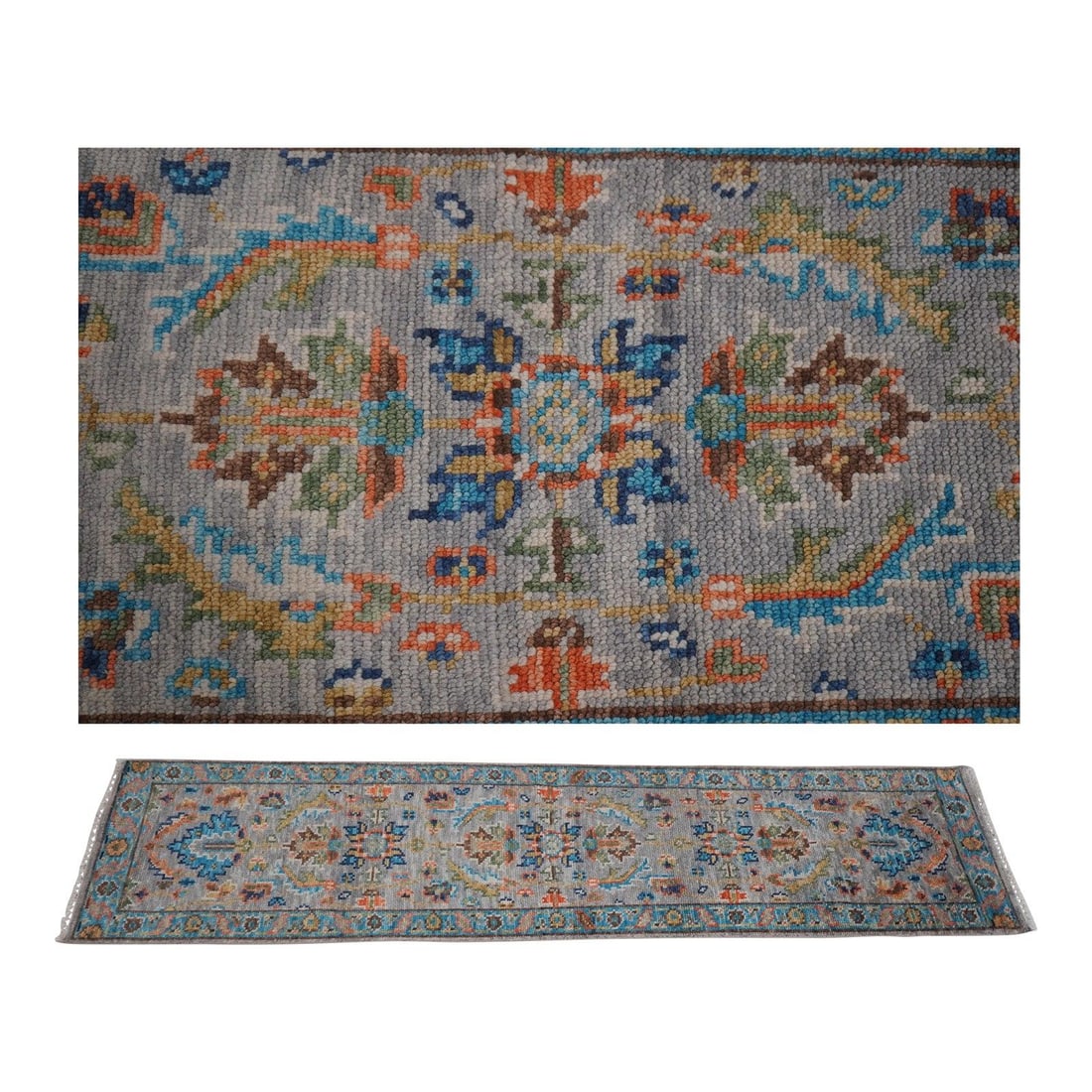 Gray Wool Runner Rug Hand Knotted Oriental Design 28 x 114 Inches: Gray Wool Runner Rug Hand Knotted Oriental Design 28 x 114 Inches This hand-knotted wool runner rug features a gray field with a vibrant, multi-color pattern. Crafted approximately 10 years ago, it sh