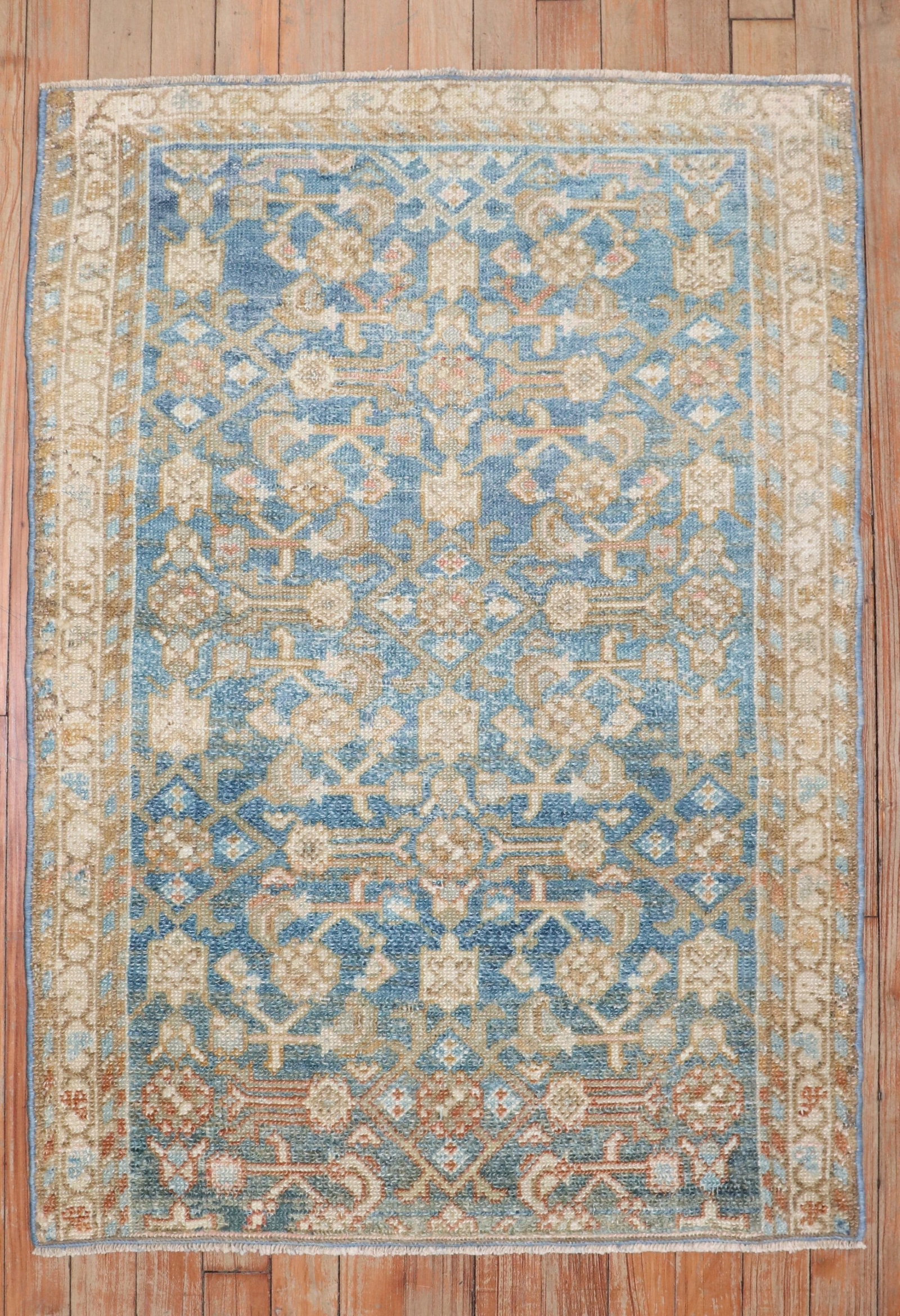 2' 5" x 3' 6" Persian Malayer square rug in soft blue: 2' 5" x 3' 6" Persian Malayer square rug in soft blue Vintage Persian Malayer rug from the 1920s in a soft blue palette. This pre-owned piece is categorized as a square yastik and features the traditi