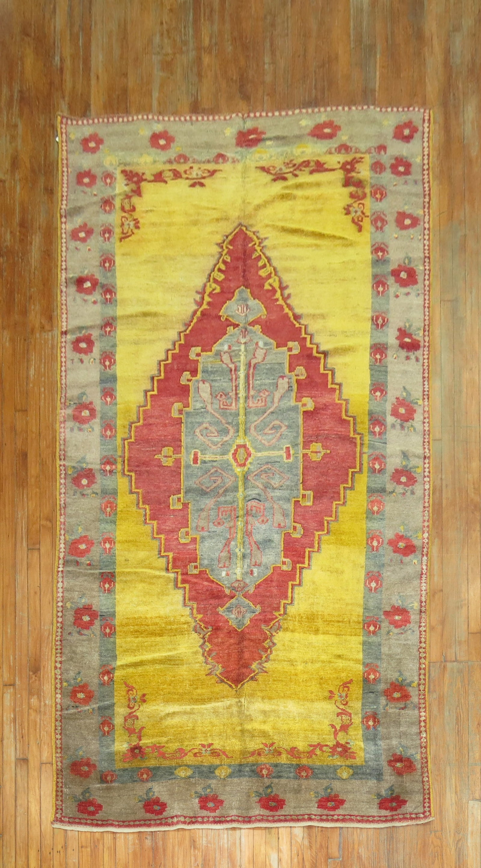 5' 9" x 11' 2" Mid 20th Century Turkish Kars Melas Gallery Rug: 5' 9" x 11' 2" Mid 20th Century Turkish Kars Melas Gallery Rug Mid 20th century Turkish gallery rug featuring an open field design on a yellow ground. This pre-owned vintage rug is identified as Kars/