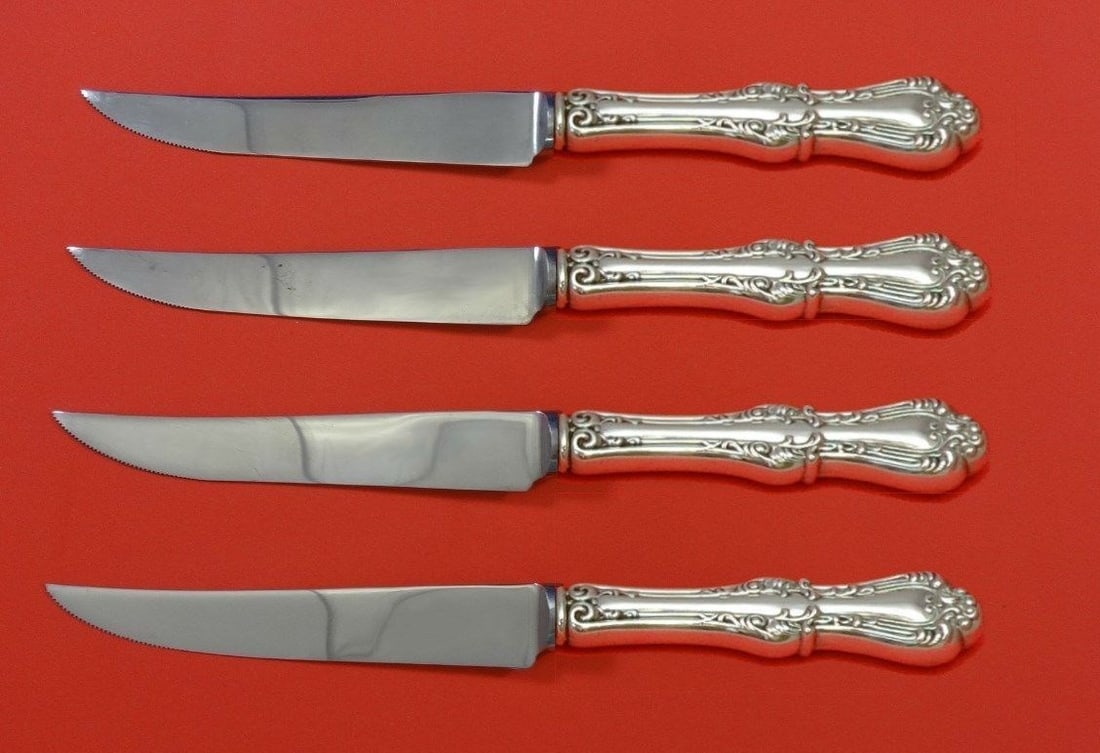 Frank Smith Countess Sterling Silver Steak Knife Set 4pc 8 1/2 inches: Frank Smith Countess Sterling Silver Steak Knife Set 4pc 8 1/2 inches Enhance your dining experience with this stunning 4-piece steak knife set from the Countess pattern by Frank Smith. Crafted from h