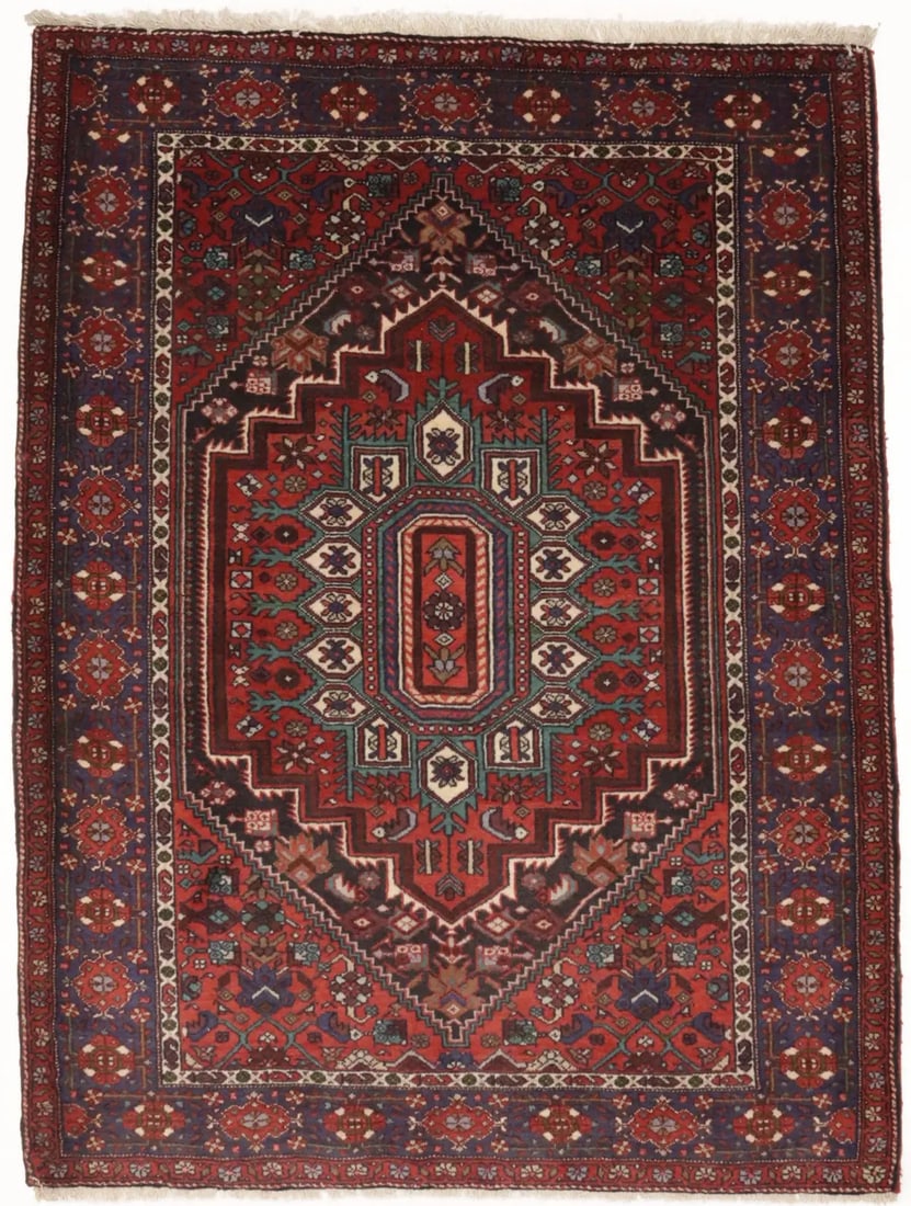 Vintage Hand-Knotted Wool Geometric Rug 3'7 x 4'10 Red Cream Tribal Decor: Vintage Hand-Knotted Wool Geometric Rug 3'7 x 4'10 Red Cream Tribal Decor Enhance your home decor with this charming small vintage hand-knotted geometric oriental rug. Measuring approximately 3'7" x 4