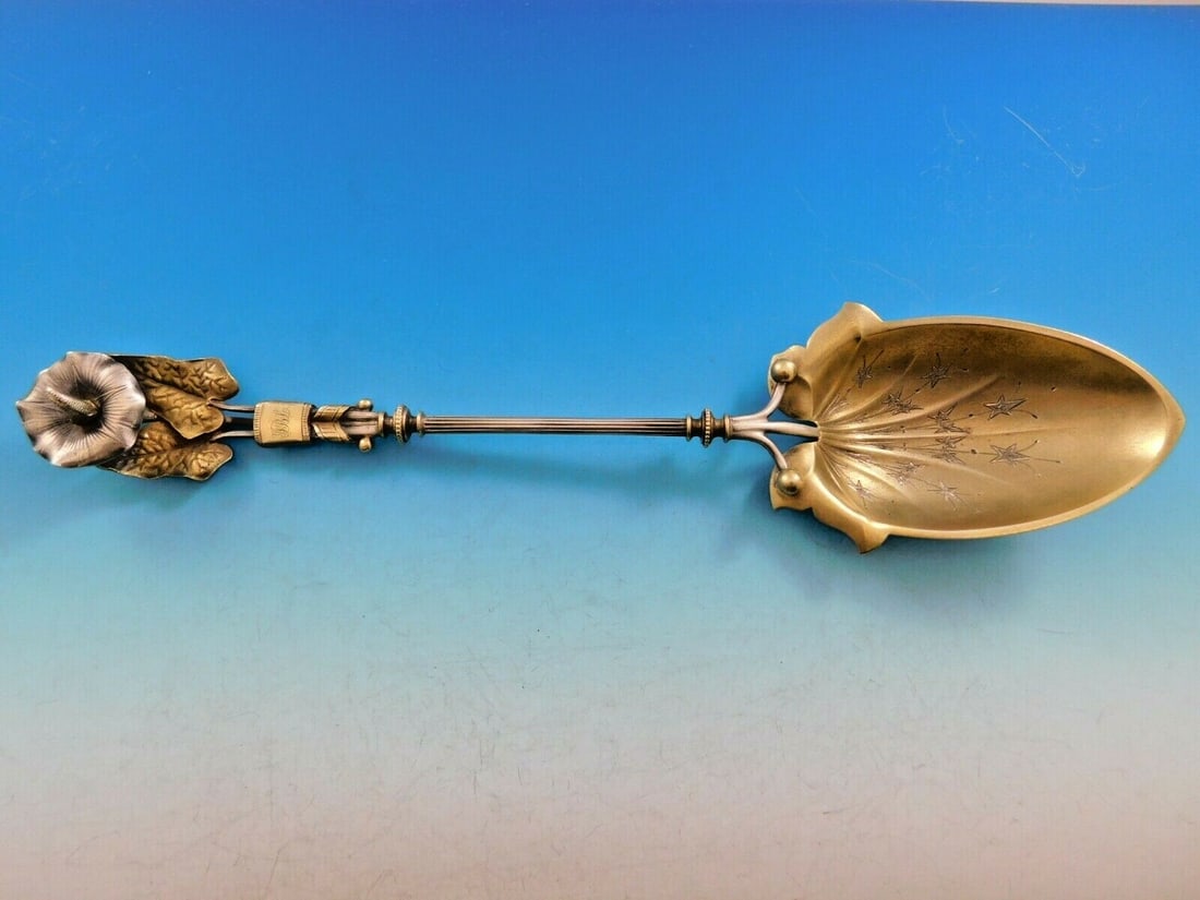 Antique Sterling Silver Stuffing Spoon Art Silver 1860-1883 11 5/8" Monogrammed Hibiscus Design: Antique Sterling Silver Stuffing Spoon Art Silver 1860-1883 11 5/8" Monogrammed Hibiscus Design Discover a remarkable sterling silver stuffing spoon from the Art Silver period, dating between 1860 and