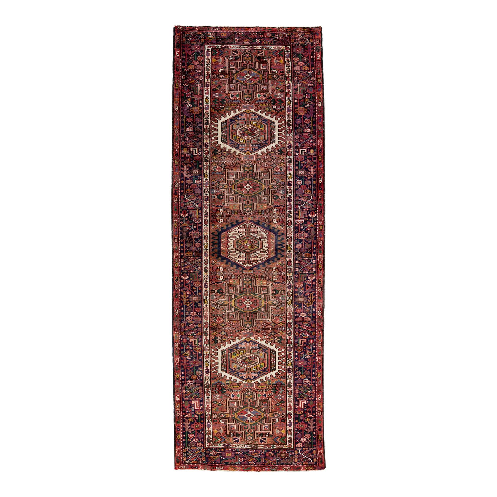 Vintage Persian Heriz Handmade Red Wool Runner 3'6 x 10'4: Vintage Persian Heriz Handmade Red Wool Runner 3'6 x 10'4 This exquisite vintage Persian Heriz runner showcases a hand-knotted wool construction, featuring a captivating red color field complemented b