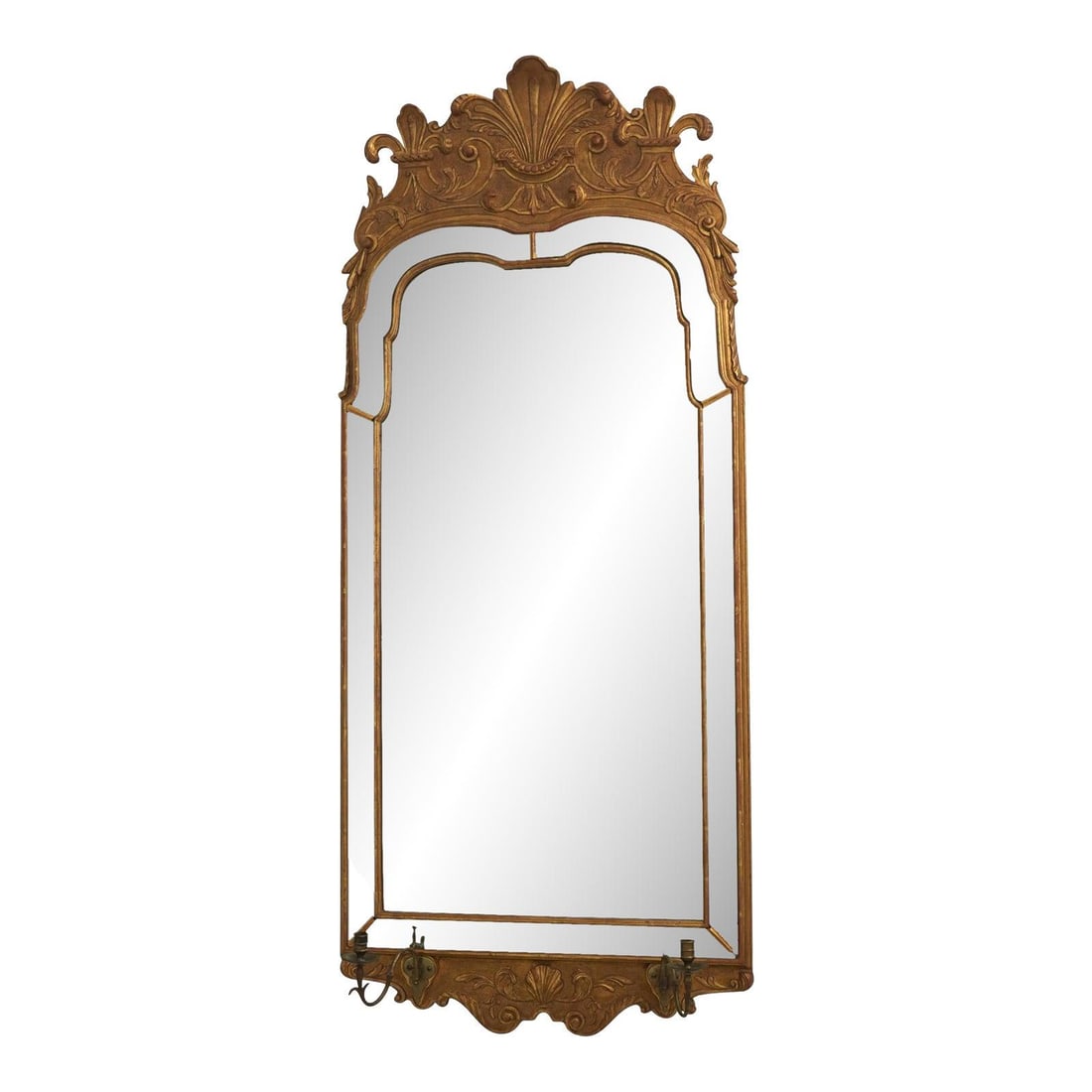 Colonial Williamsburg brass mirror with candelabra arms: Colonial Williamsburg brass mirror with candelabra arms This Colonial Williamsburg-style mirror features a high-quality construction with beveled glass and a factory acid-distressed mirror surface. Th