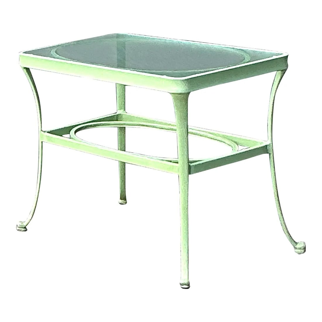 Florentine Cast Aluminum Side Table with Pebbled Glass Top: Florentine Cast Aluminum Side Table with Pebbled Glass Top This vintage side table from Brown Jordan's "Florentine" collection features a high-quality cast aluminum frame with Neoclassical-inspired sw