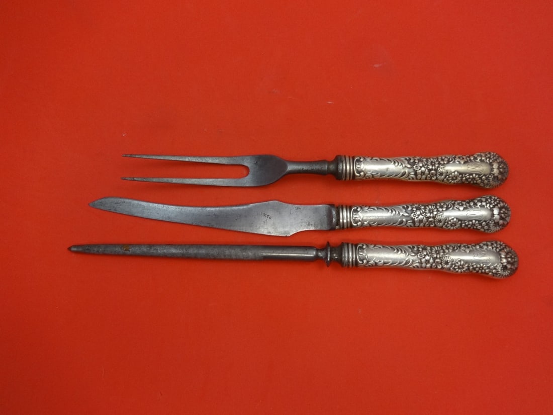 Dominick & Haff Number 10 Sterling Silver 3pc Steak Carving Set: Dominick & Haff Number 10 Sterling Silver 3pc Steak Carving Set Enhance your dining experience with this exquisite 3-piece steak carving set by Dominick & Haff. Crafted from sterling silver, this set 