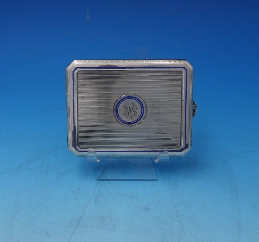 Austrian .750 Silver Card Case with Blue White Enamel Monogram: Austrian .750 Silver Card Case with Blue White Enamel Monogram This exquisite Austrian card case is crafted from .750 silver, showcasing an intricately engine-turned design complemented by stunning bl