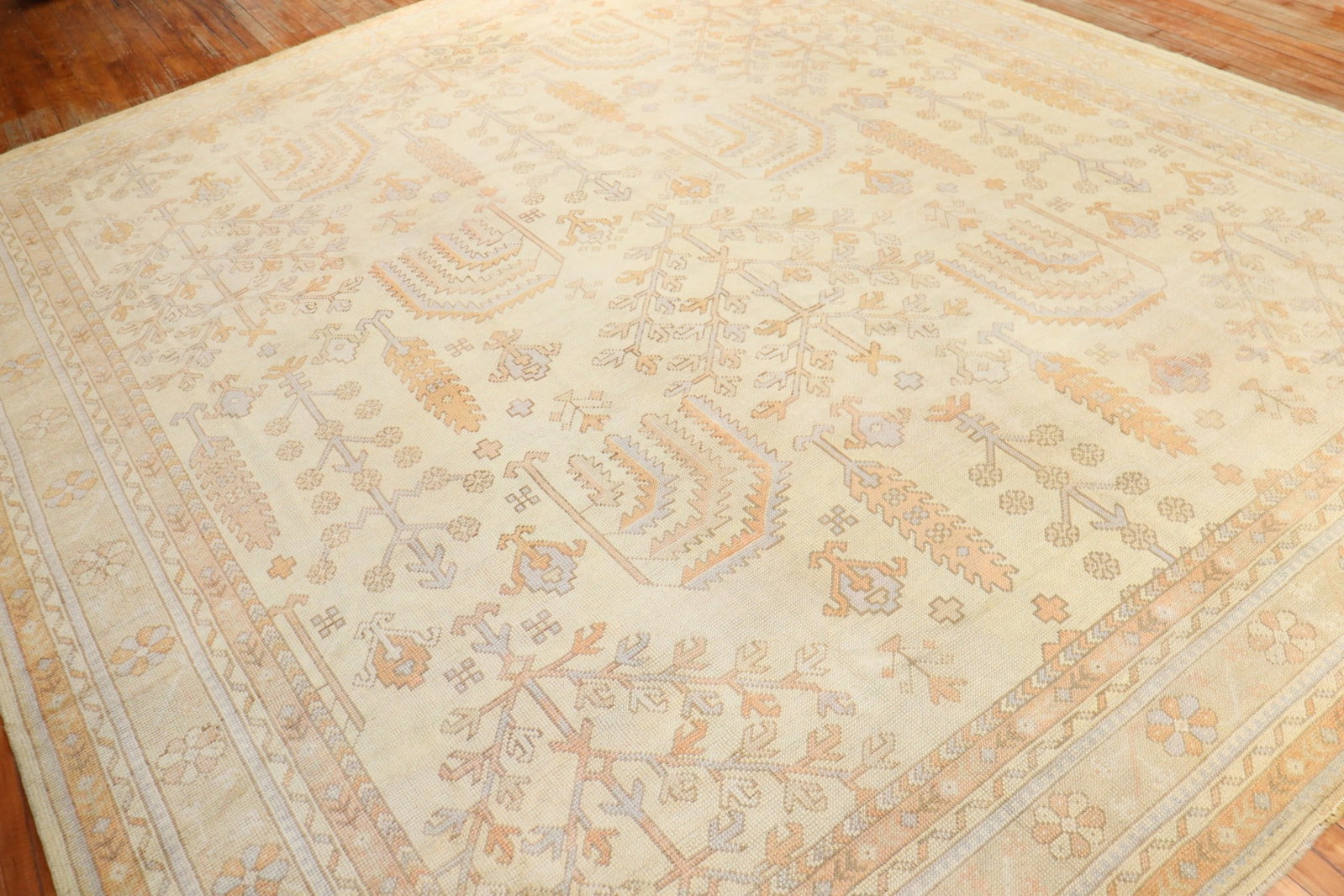 11' 1" x 12' 8" Turkish Oushak square rug willow tree design: 11' 1" x 12' 8" Turkish Oushak square rug willow tree design Early 20th century Turkish Oushak square rug featuring a willow tree design on a cream butter color field. This pre-owned room-size rug pre