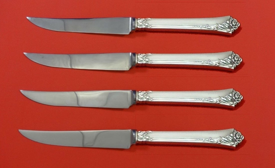 Oneida Damask Rose Sterling Silver Steak Knife Set 4pc 8.5in (1 of 2)