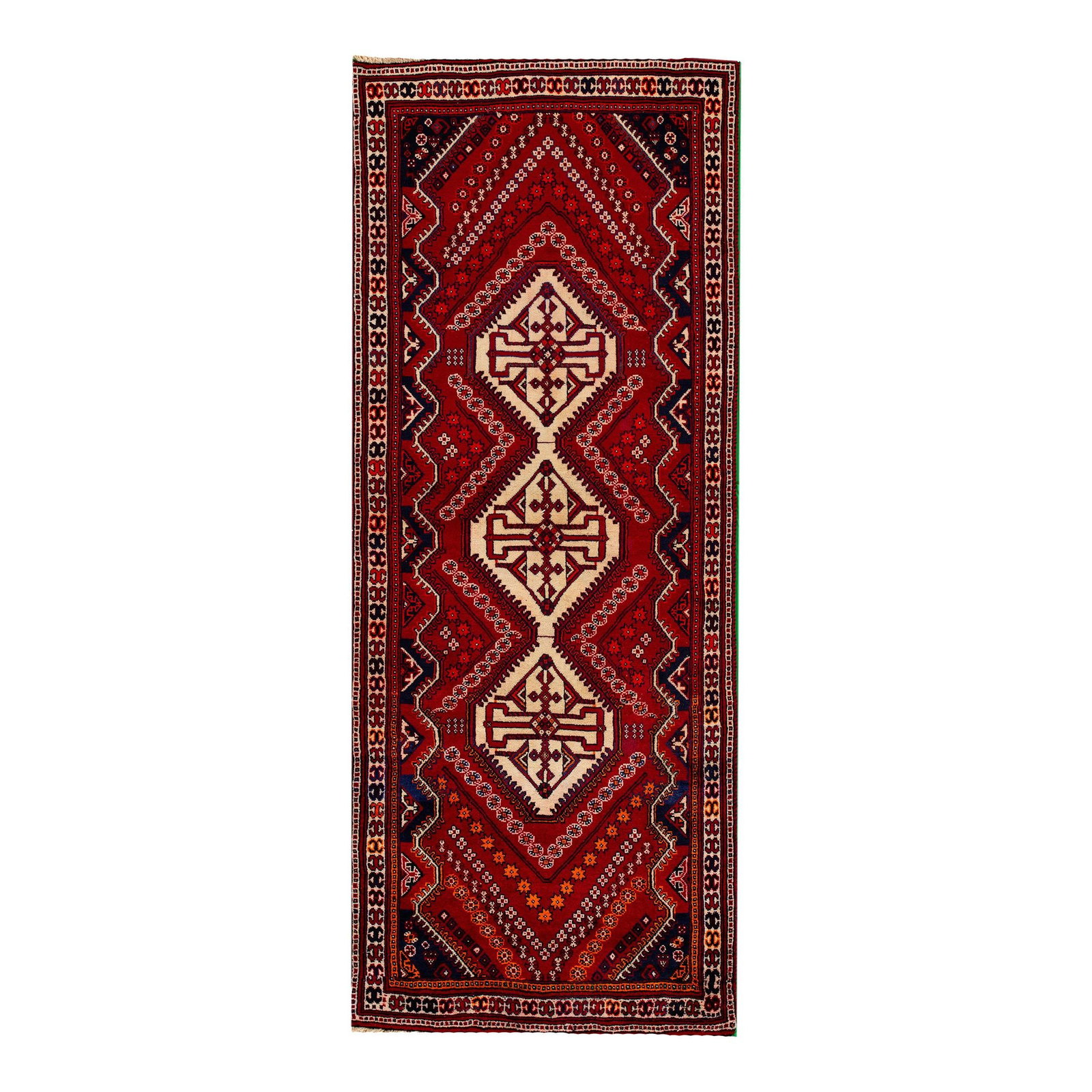 Vintage Persian Shiraz Wool Runner Red Tribal Design 3'6" x 8'9": Vintage Persian Shiraz Wool Runner Red Tribal Design 3'6" x 8'9" Enhance your space with this stunning vintage Persian Shiraz hand-knotted wool runner. Featuring a vibrant red field, this rug showcase