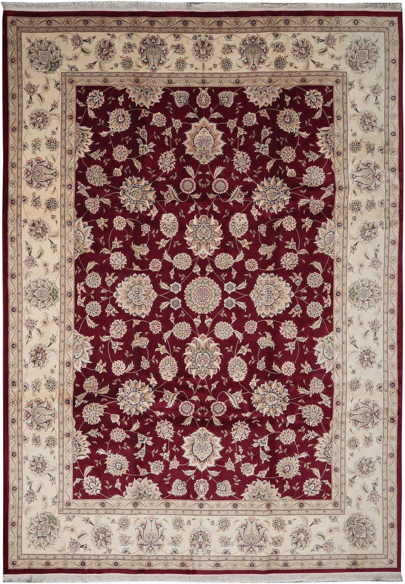 9 x 12 Hand-Knotted Wool and Silk Tabriz Area Rug: 9 x 12 Hand-Knotted Wool and Silk Tabriz Area Rug Free continental US Shipping This 9 x 12 hand-knotted rug is crafted from wool and silk, featuring an elegant floral pattern with a red background and