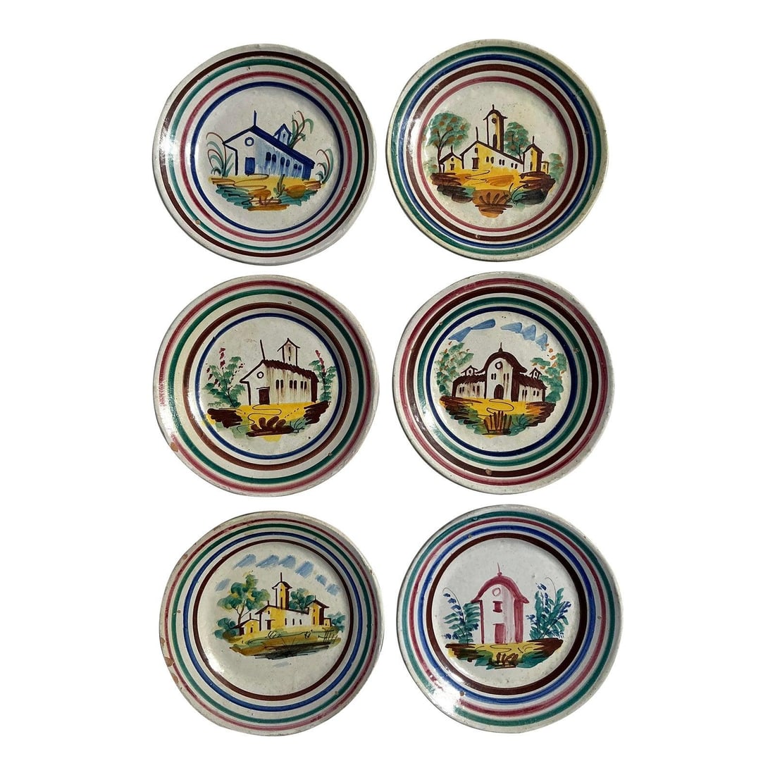 Set of 6 Vintage Italian Hand Painted Ceramic Dishes: Set of 6 Vintage Italian Hand Painted Ceramic Dishes Embrace the elegance of rustic Italian living with this exquisite set of six vintage hand-painted ceramic dishes. Each plate showcases a unique pas