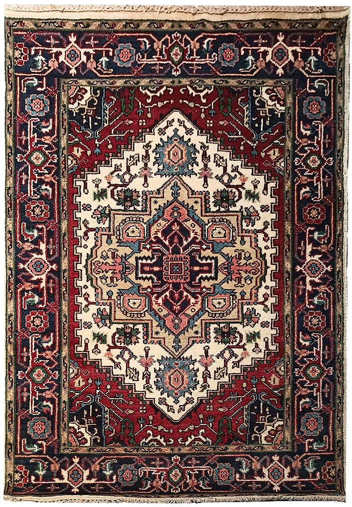 4' x 6' New Serapi Handmade Wool Area Rug in Ivory Blue Green Rust: 4' x 6' New Serapi Handmade Wool Area Rug in Ivory Blue Green Rust Free continental US Shipping Introducing the exquisite 4' x 6' New Serapi Handmade Wool Rug, a timeless masterpiece exemplifying arti