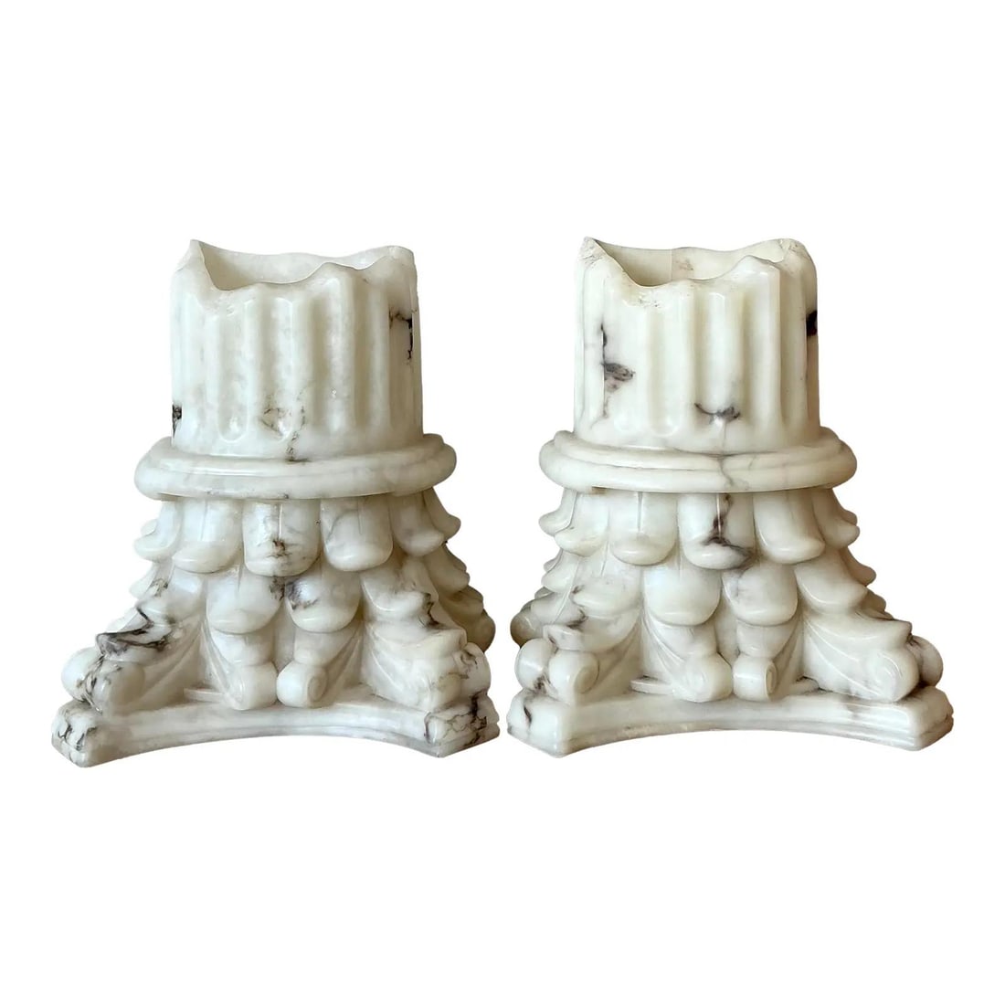 Pair of Faux Marble Resin Wall Sconces with Classical Column Design: Pair of Faux Marble Resin Wall Sconces with Classical Column Design This pair of vintage wall sconces showcases a classical column design reimagined in a Hollywood Regency style. Each sconce is crafte