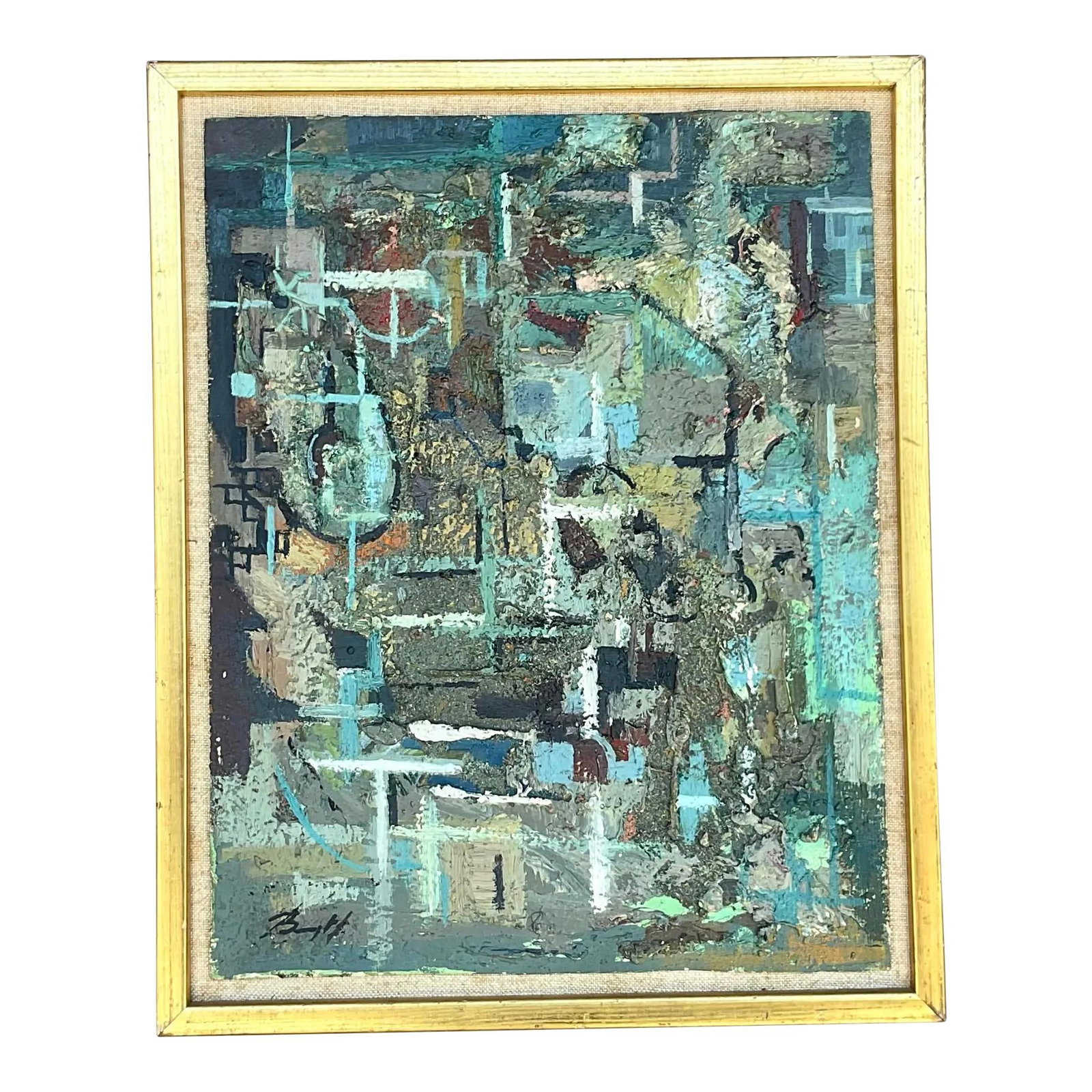 Vintage Boho 1950s Signed Abstract Oil Painting on Board: Vintage Boho 1950s Signed Abstract Oil Painting on Board Discover a stunning vintage Boho original oil painting from the 1950s, featuring a chic abstract composition in muted blues. This artwork is si