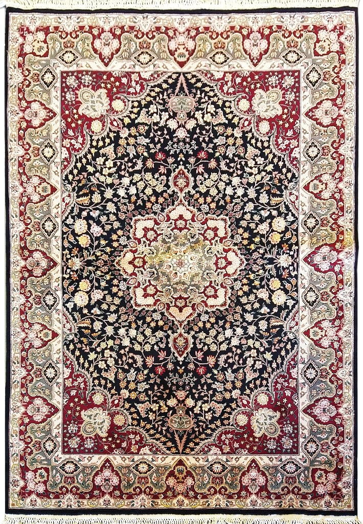 5' x 7' Black Burgundy Hand-Knotted Wool Silk Tabriz Area Rug: 5' x 7' Black Burgundy Hand-Knotted Wool Silk Tabriz Area Rug Free continental US Shipping Elevate your living space with the luxurious 5' x 7' Black Burgundy Wool and Silk Fine Rug, meticulously hand