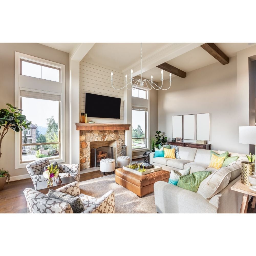 Living District Rohan 6-Light White Iron Chandelier 48 inch: Living District Rohan 6-Light White Iron Chandelier 48 inch This is a pre-owned white chandelier featuring a farmhouse style with a wrought iron-inspired metal frame. The fixture measures 48 inches in
