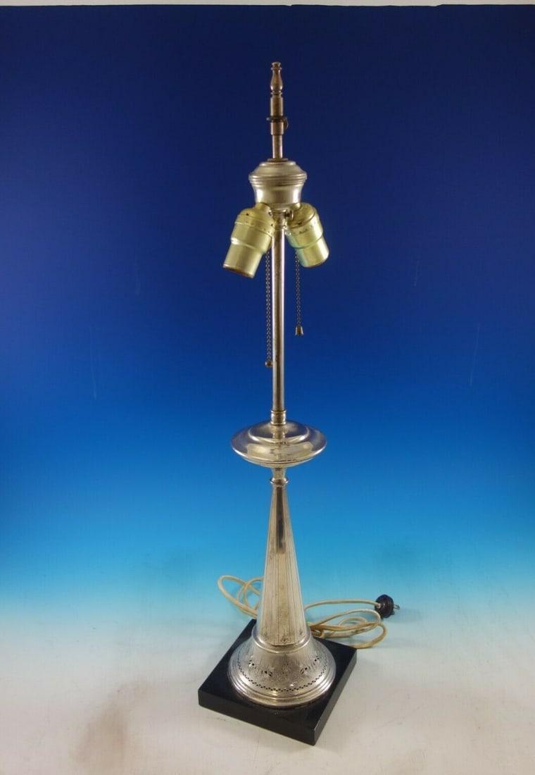 Vintage Sterling Silver Lamp with Stone Base 28 Inches c. 1930: Vintage Sterling Silver Lamp with Stone Base 28 Inches c. 1930 This stunning vintage lamp, crafted from sterling silver and featuring a solid stone base, stands at an impressive 28 inches tall. Dating