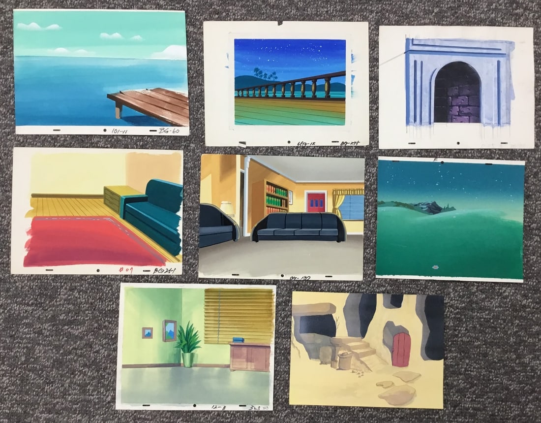 8 Hand Painted Animation Production Backgrounds 1970s Punch Holes (1 of 9)