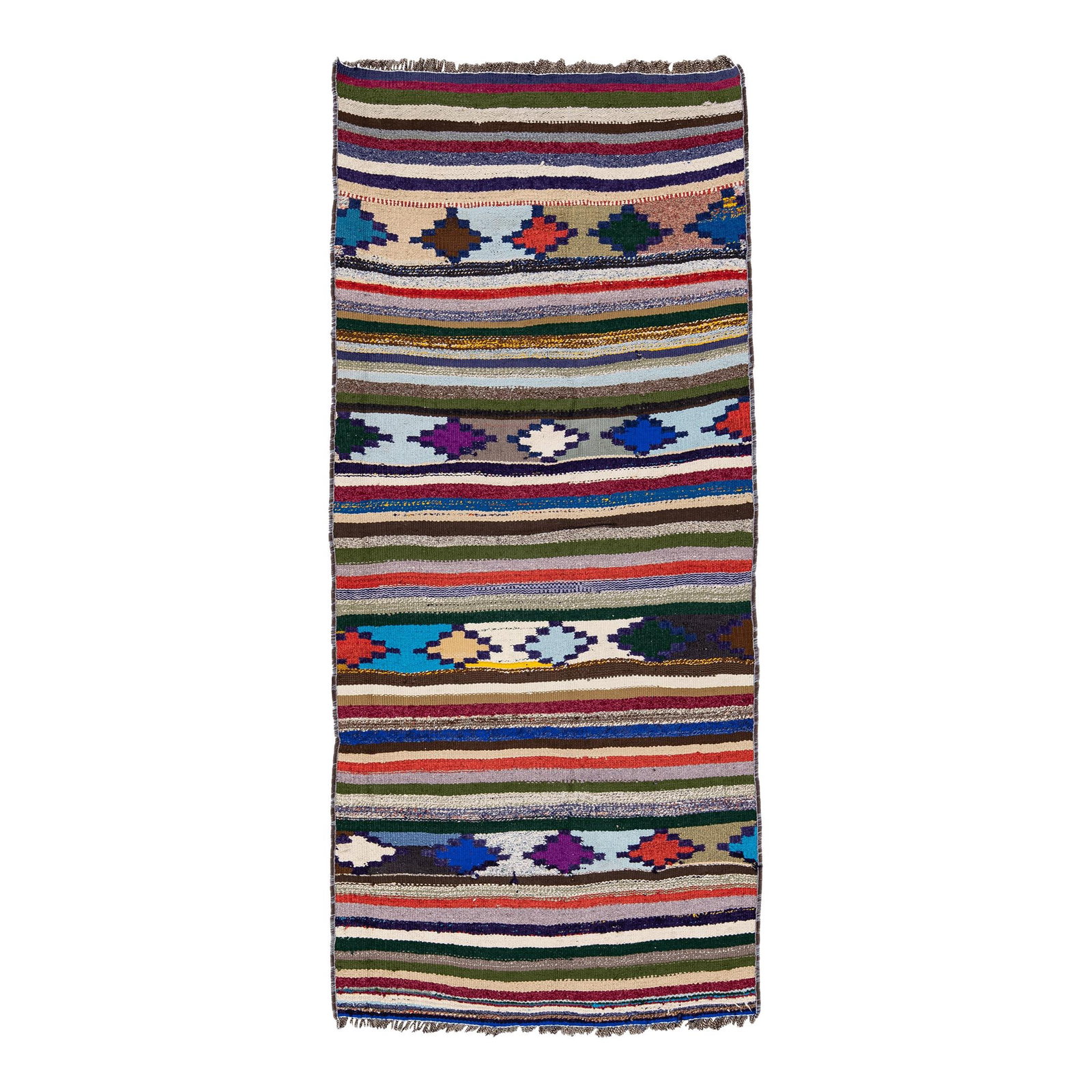 Vintage Handmade Wool Kilim Runner Multicolor Geometric 3'4'' x 7'5'': Vintage Handmade Wool Kilim Runner Multicolor Geometric 3'4'' x 7'5'' Enhance your space with this stunning vintage kilim handmade wool runner, featuring a vibrant multicolor striped design that bring