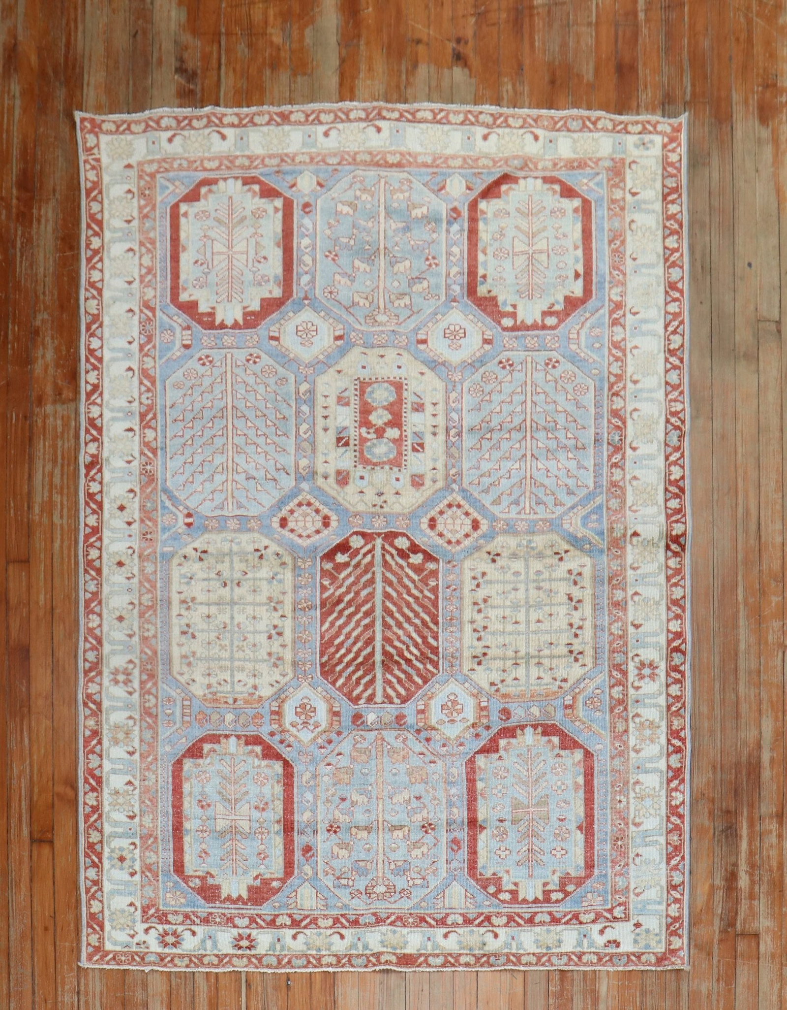 4' 11" x 6' 8" Persian Bakhtiari Accent Rug Sky Blue Field: 4' 11" x 6' 8" Persian Bakhtiari Accent Rug Sky Blue Field 1940s Persian Bakhtiari rug with a large-scale design on a sky blue field. This pre-owned accent rug offers classic Persian styling in a vers