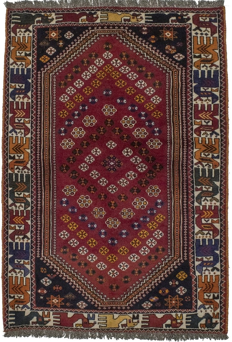 Vintage Hand-Knotted Wool Area Rug 3'9 x 5'7 Tribal Design Organic: Vintage Hand-Knotted Wool Area Rug 3'9 x 5'7 Tribal Design Organic Enhance your living space with this Vintage-Style Pictorial Hand-Knotted Oriental Rug, ideal for farmhouse decor. This unique area ru