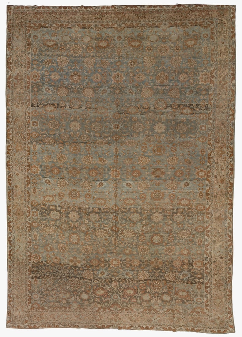 12' 3" x 17' 6" Persian Malayer rug light blue field: 12' 3" x 17' 6" Persian Malayer rug light blue field Early 20th century Persian Malayer rug featuring an all-over design in light blue with brown and caramel accents. This pre-owned oversize rug offer