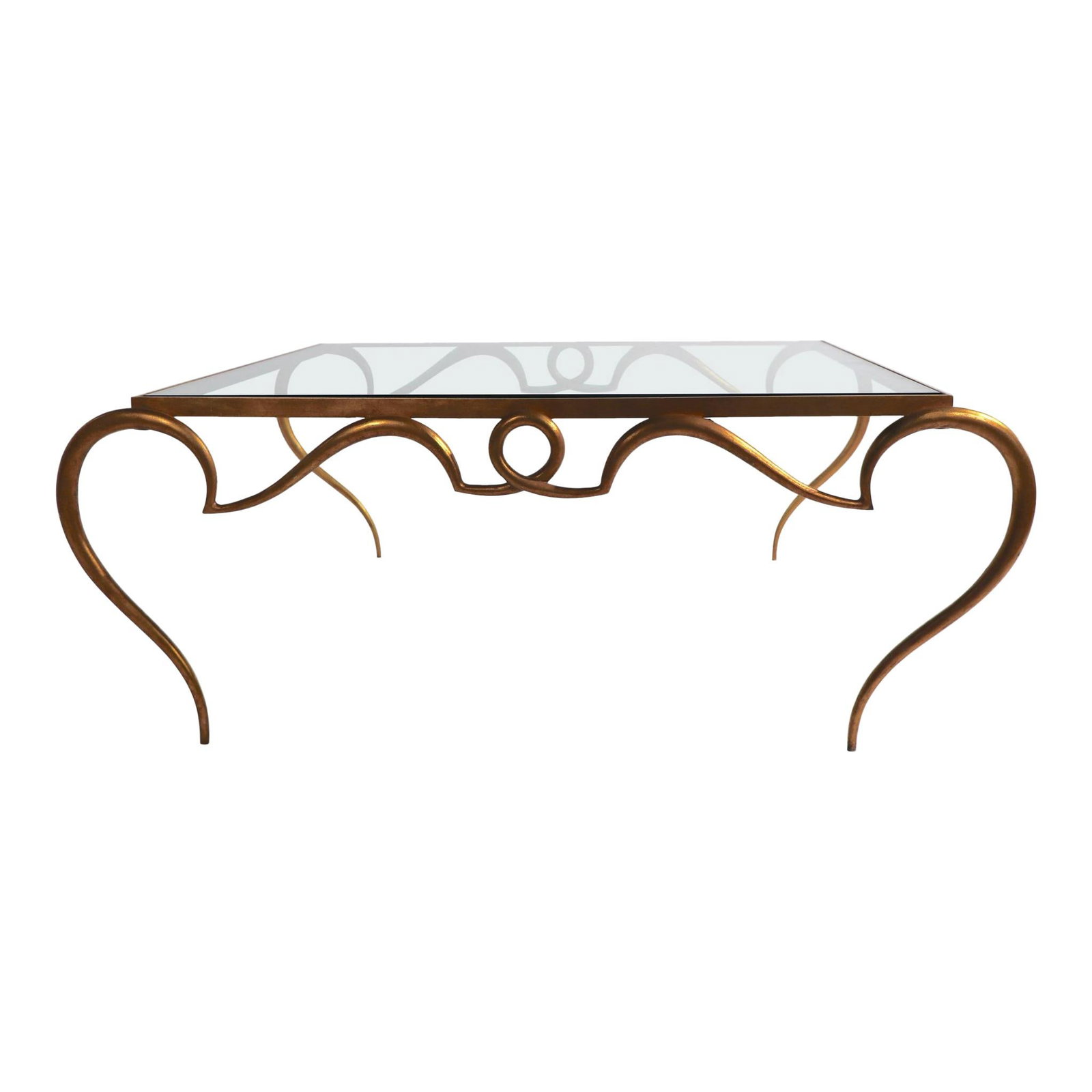 Art Deco Bronze Scrollwork Coffee Table with Beveled Glass Top: Art Deco Bronze Scrollwork Coffee Table with Beveled Glass Top This stunning Faux Gilt Metal Scrollwork and Glass Coffee Table embodies the glamorous Art Deco and Hollywood Regency styles. Featuring a