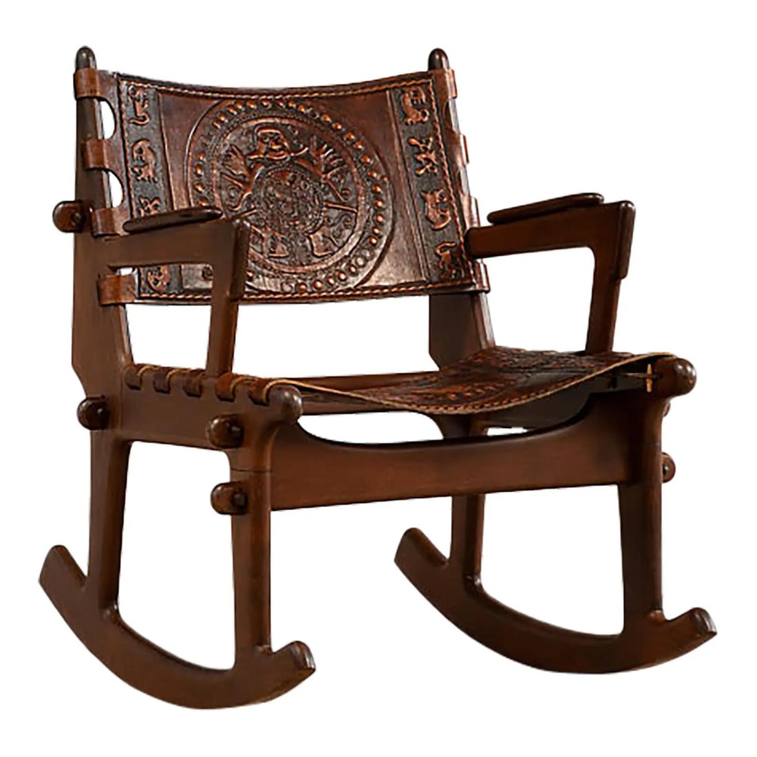 Angel Pazmino leather sling rocker 1960s Mexico: Angel Pazmino leather sling rocker 1960s Mexico This mid-century modern rocking chair, designed by Angel Pazmino in the 1960s, features elegant leather sling supports and a classic rocking design. Cra