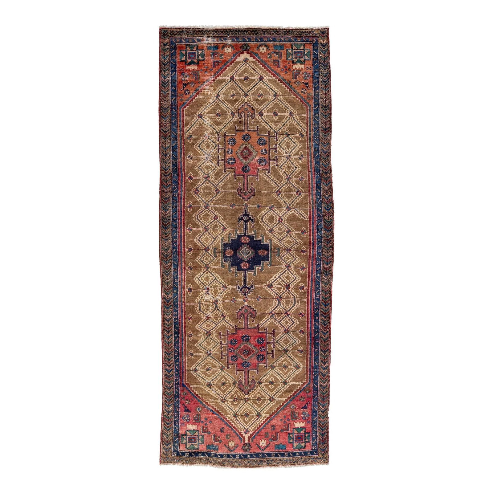 Brown Vintage Hamadan Hand-Knotted Wool Rug 3'8" x 9'4" Geometric Design: Brown Vintage Hamadan Hand-Knotted Wool Rug 3'8" x 9'4" Geometric Design Enhance your space with this stunning Brown Vintage Hamadan Hand-Knotted Wool Rug, showcasing a rich brown field adorned with m