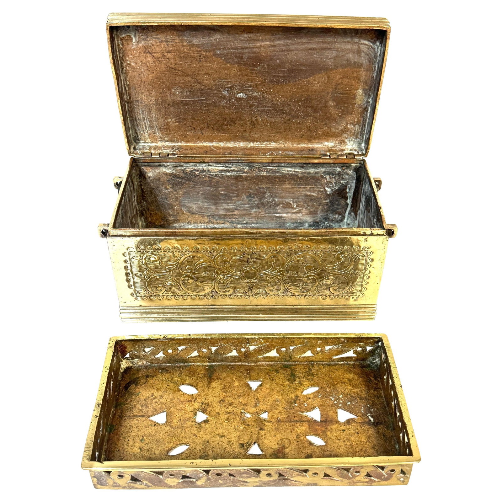 Set of 2 Late 19th Century Cast Brass Engraved Brazier Box and Tray India: Set of 2 Late 19th Century Cast Brass Engraved Brazier Box and Tray India This exquisite Cast Brass Engraved Brazier Box with a Pierced Charcoal Tray hails from North India and dates back to the late 