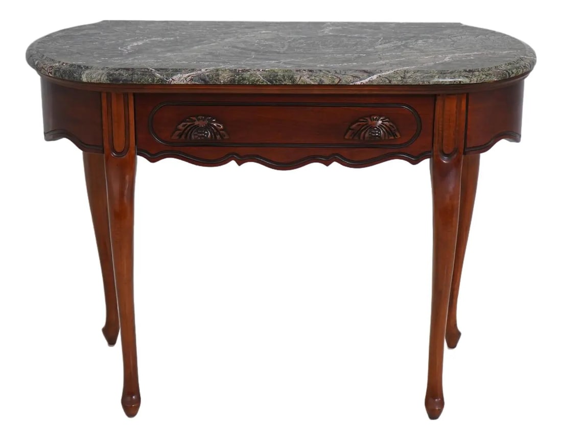 Mahogany Console Table with Marble Top Single Drawer 43w x 18d x 32h: Mahogany Console Table with Marble Top Single Drawer 43w x 18d x 32h Vintage Victorian style console table with a marble top and one dovetailed drawer. Crafted from solid mahogany, this piece features