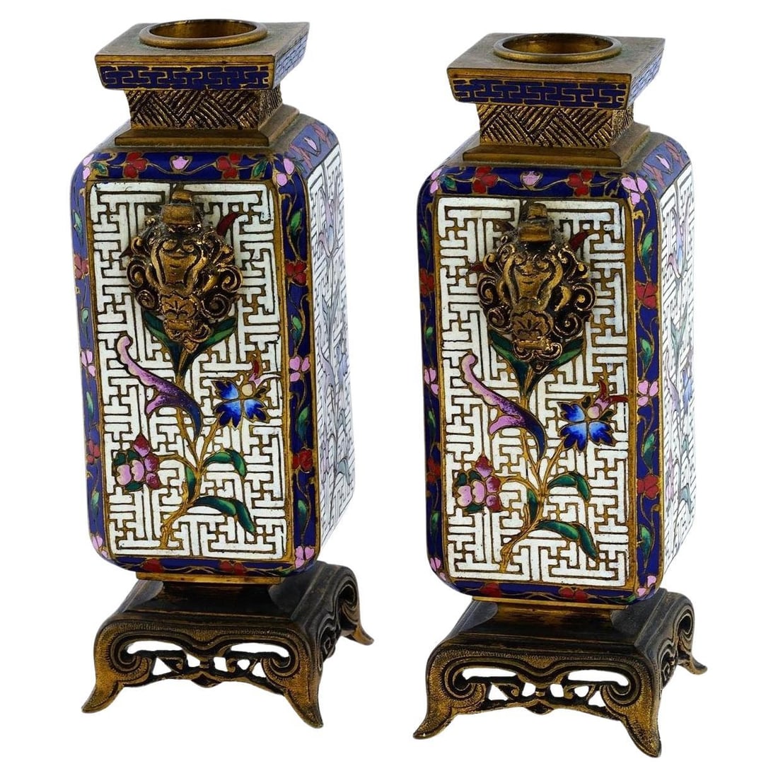Set of Two French Chinoiserie Gilt Bronze Cloisonne Vases Late 19th Century: Set of Two French Chinoiserie Gilt Bronze Cloisonne Vases Late 19th Century This pair of exceptional late 19th-century French vases showcases the Chinoiserie style, crafted in gilt bronze with intrica