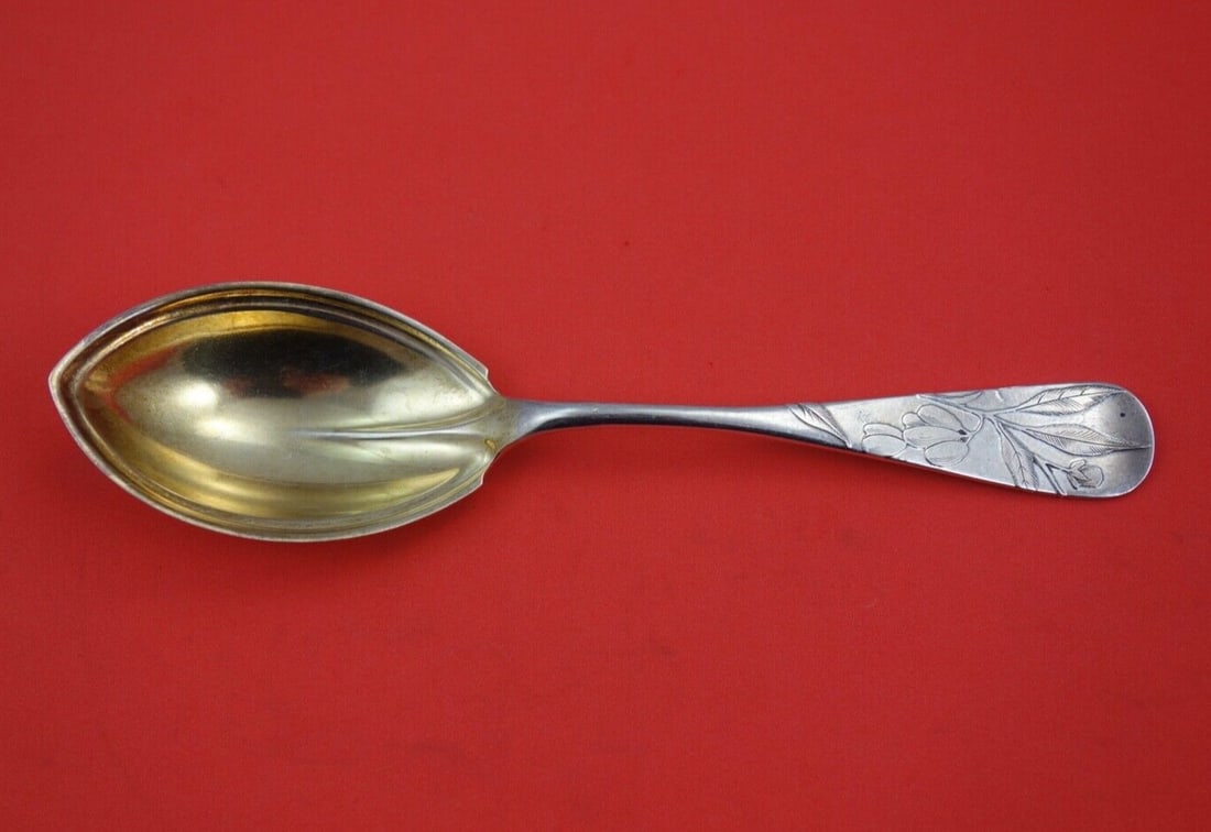 Acid Etched Sterling Silver Preserve Spoon Goldwashed 7.5" (1 of 2)