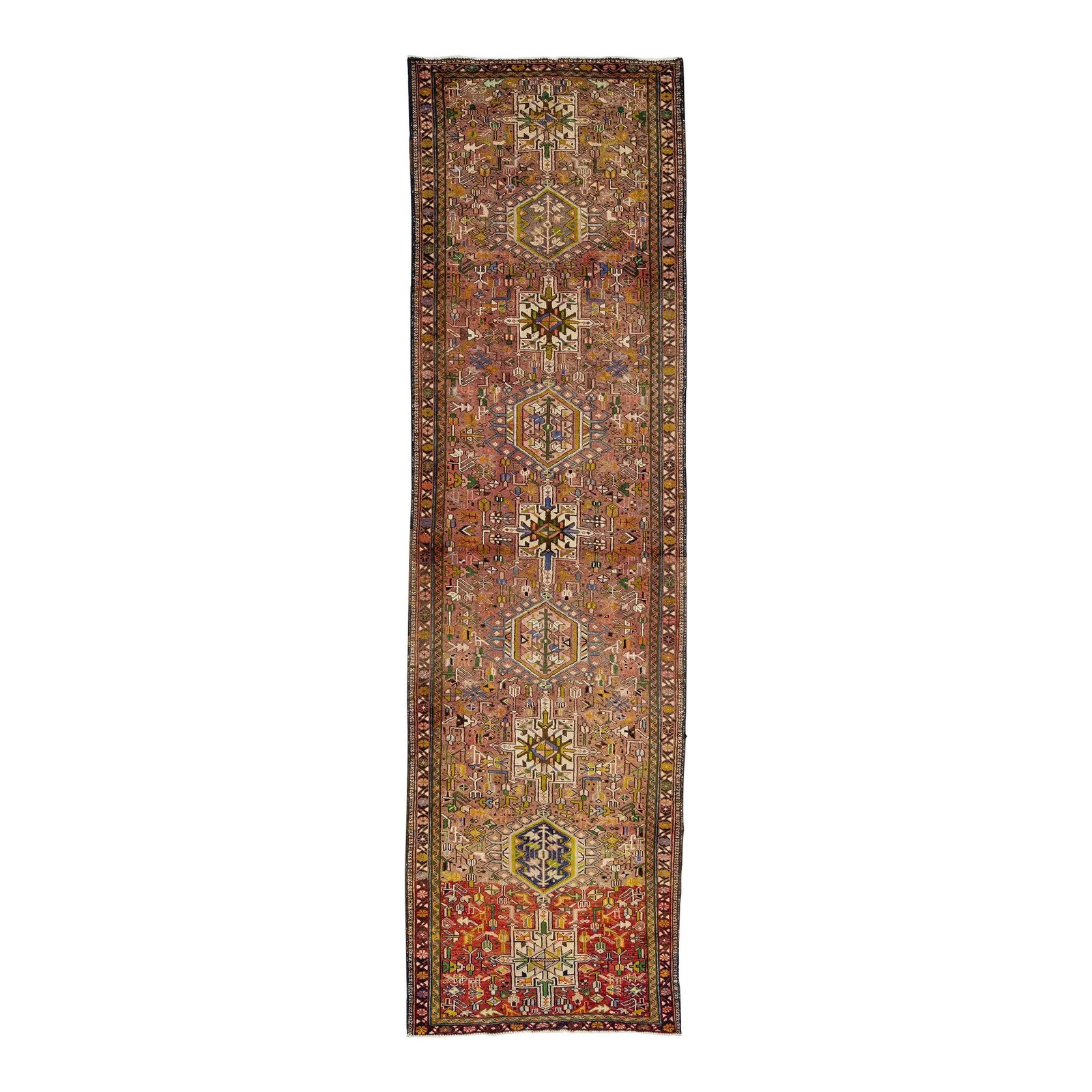 1960s Vintage Persian Heriz Hand-Knotted Wool Runner 3'8 x 12'9 Multicolor Design: 1960s Vintage Persian Heriz Hand-Knotted Wool Runner 3'8 x 12'9 Multicolor Design This stunning vintage Persian Heriz runner showcases a beautifully hand-knotted wool construction with a vibrant red a