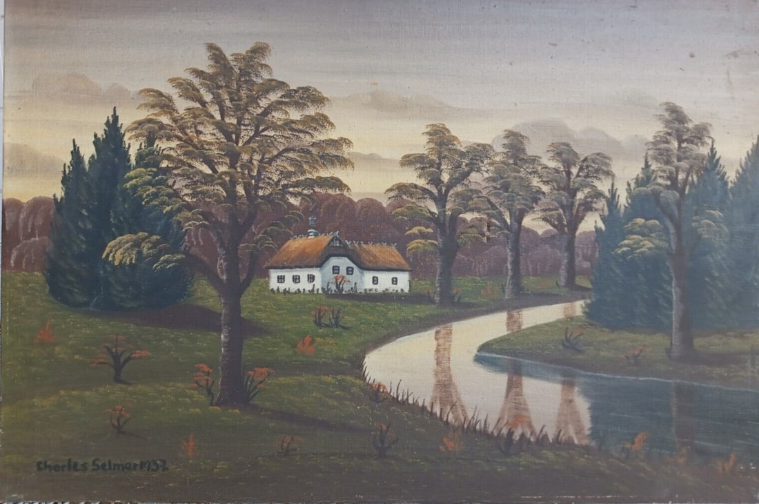 Charles Selmer 1936 unframed oil landscape painting on canvas (1 of 9)