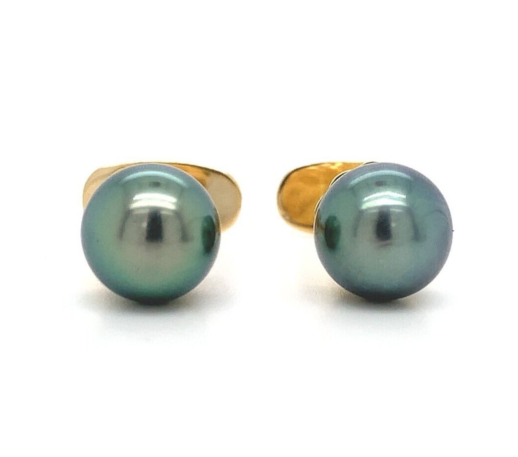 14k Yellow Gold Cufflinks with 9mm Tahitian Black Pearls GIA Certified: 14k Yellow Gold Cufflinks with 9mm Tahitian Black Pearls GIA Certified Elevate your formal attire with these exquisite 14k Yellow Gold Cufflinks, featuring stunning 9mm Tahitian Black Peacock Pearls. 