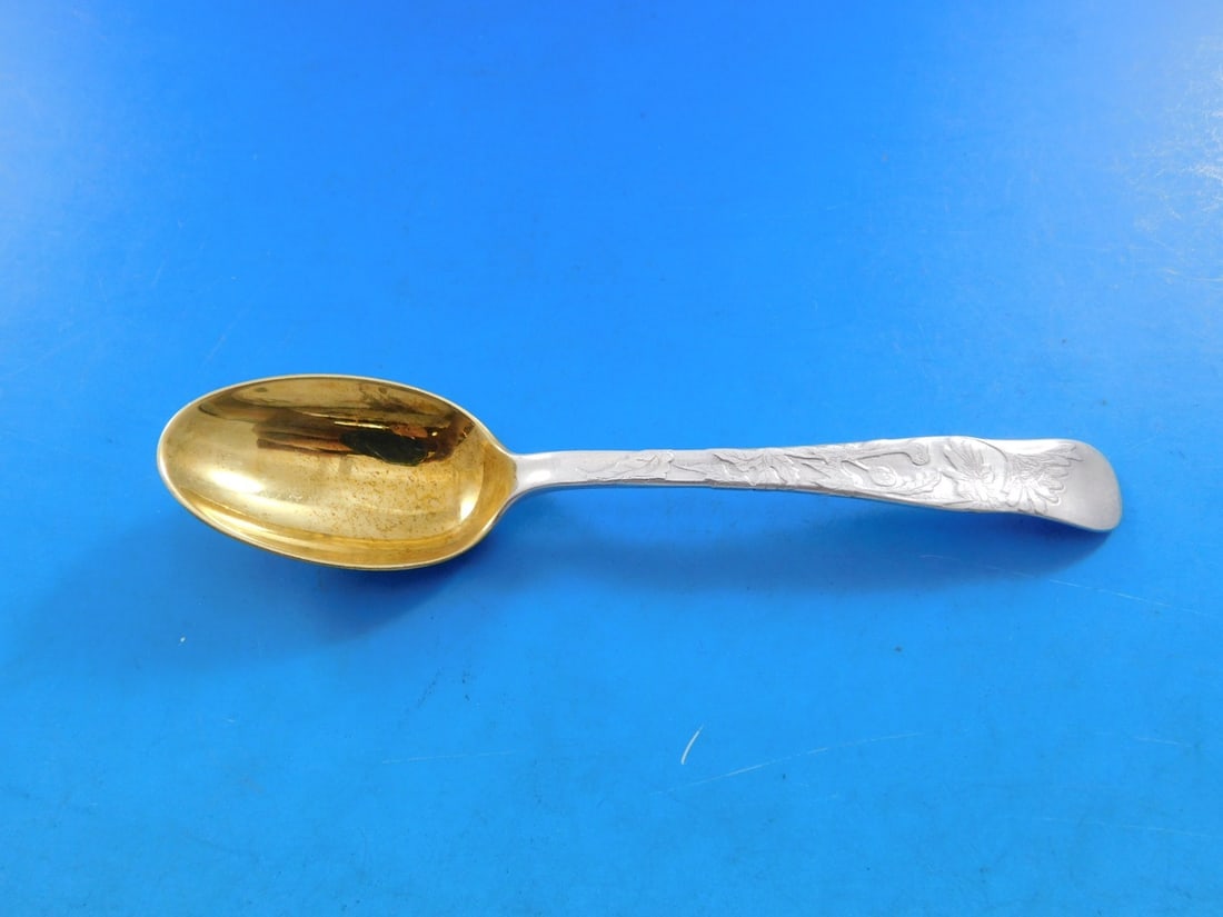 Tiffany & Co. Sterling Silver Coffee Spoon Lap Over Edge Acid Etched 4 3/4 Inch Gold Wash Leaves: Tiffany & Co. Sterling Silver Coffee Spoon Lap Over Edge Acid Etched 4 3/4 Inch Gold Wash Leaves This is a Tiffany & Co. Lap Over Edge Acid Etched coffee spoon crafted from sterling silver. The spoon 
