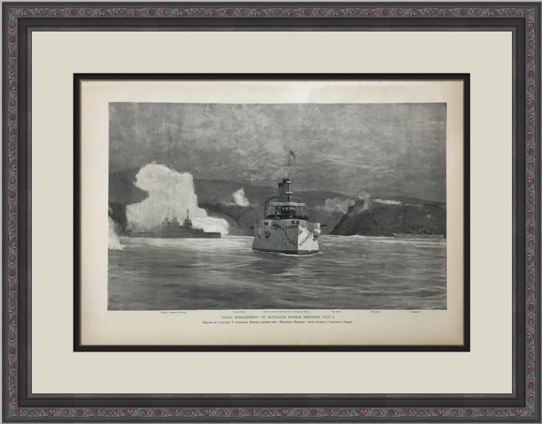 Framed Leslie's Weekly Spanish-American War naval bombardment page: Framed Leslie's Weekly Spanish-American War naval bombardment page This is an original late 1890s Spanish-American War era newspaper or magazine page from Leslie's Weekly, featuring the "Naval Bombard