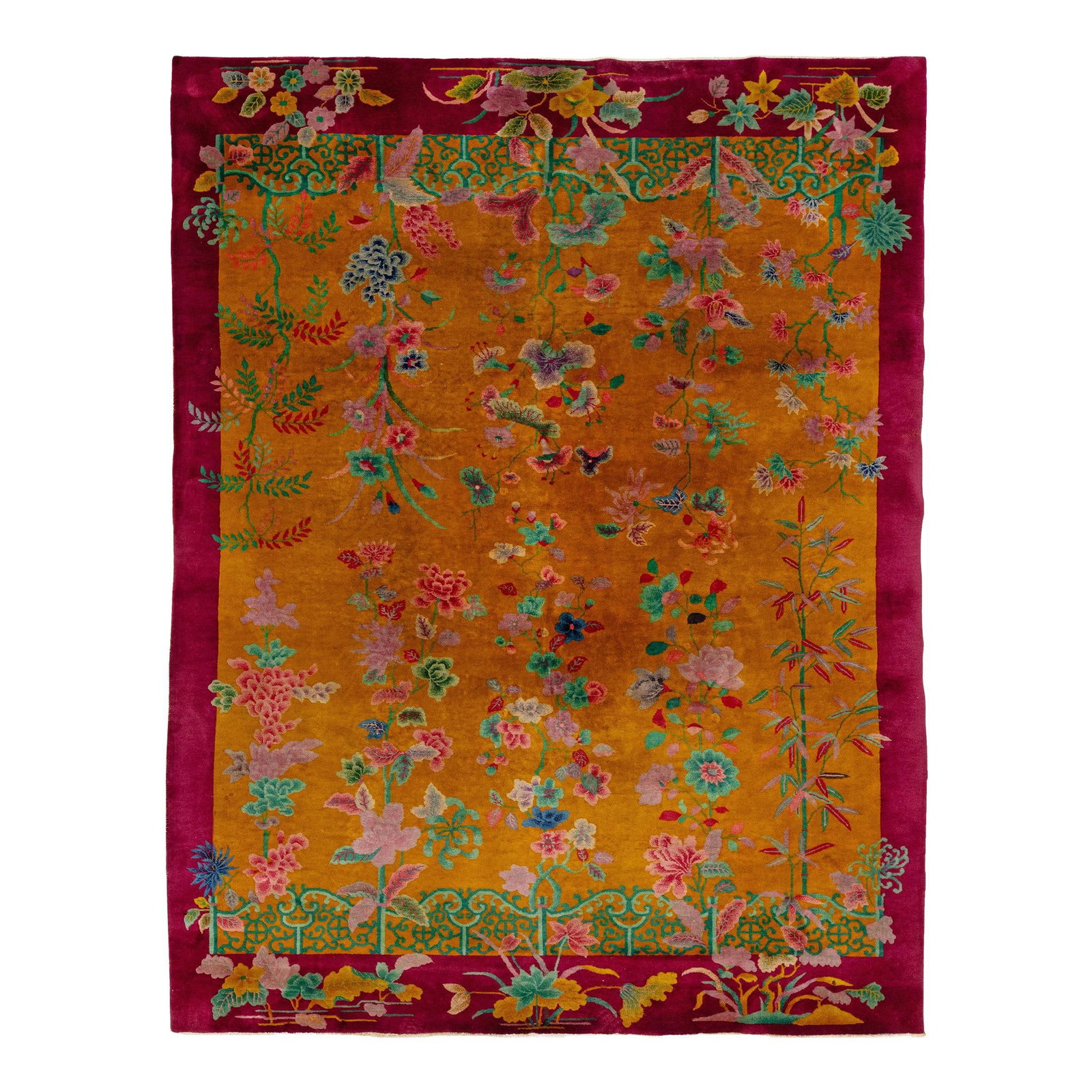 Antique Art Deco Chinese Wool Rug 8'9 x 11'6 Goldenrod Handmade: Antique Art Deco Chinese Wool Rug 8'9 x 11'6 Goldenrod Handmade This exquisite antique Art Deco Chinese wool rug showcases a captivating goldenrod field adorned with a burgundy decorative border and v
