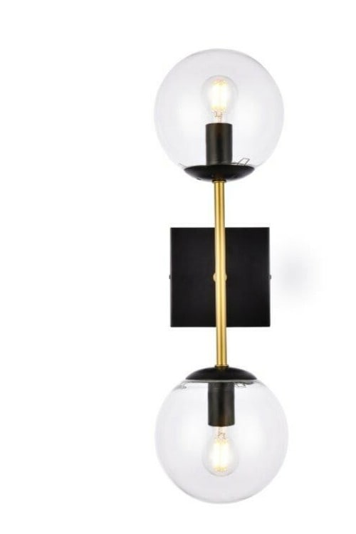 Neri 2-Light Wall Sconce Black Brass Clear Glass 20 in: Neri 2-Light Wall Sconce Black Brass Clear Glass 20 in Modern wall sconce light fixture with a black and brass finish and clear glass shades. It is hardwired, dimmable, and rated ETL dry for indoor us