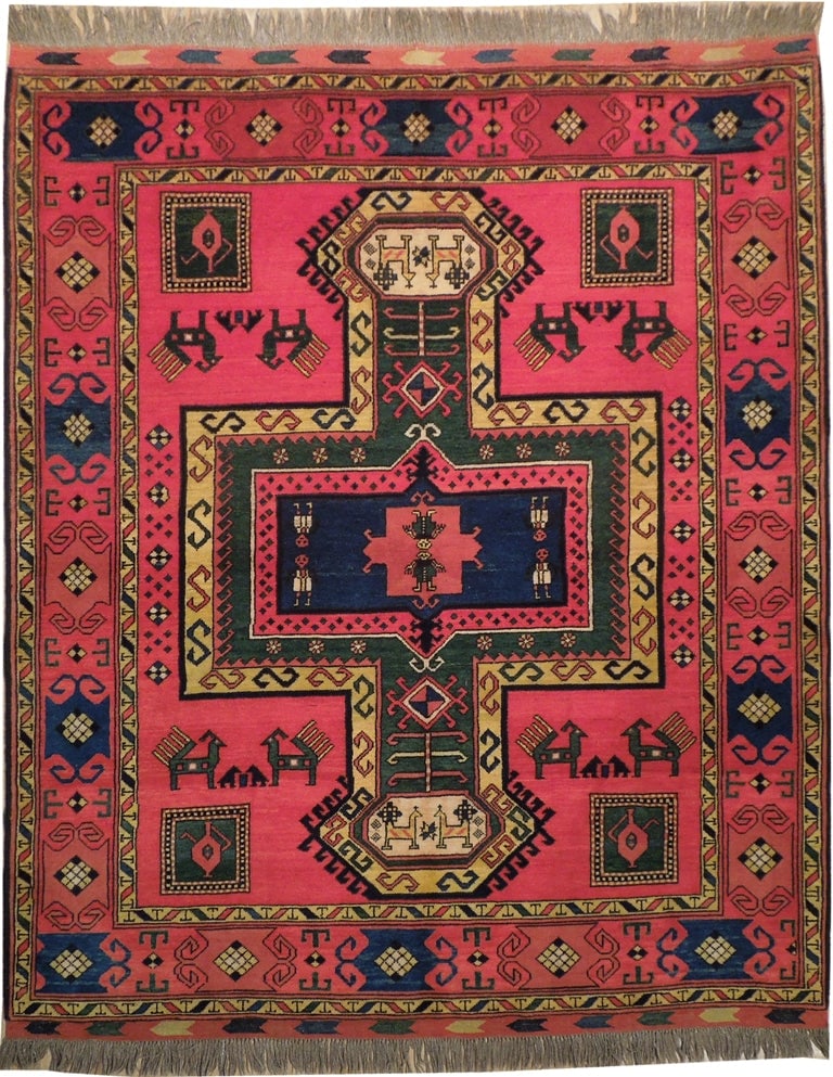 5.7 x 6.8 Hand-Knotted Afghan Kazak Wool Rug: 5.7 x 6.8 Hand-Knotted Afghan Kazak Wool Rug Free continental US Shipping This 5.7 x 6.8 hand-knotted Afghanistan Kazak rug features a bold geometric design with repeating patterns, diamond-shaped med