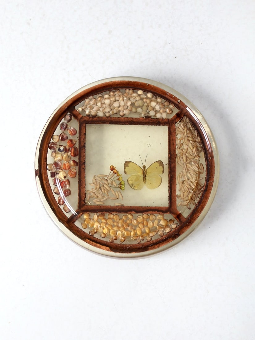 Vintage 1970s Decorative Tray with Butterfly and Seeds: Vintage 1970s Decorative Tray with Butterfly and Seeds Enhance your home decor with this exquisite vintage 1970s butterfly tray. Crafted with real seeds and grains embedded in clear resin, this unique
