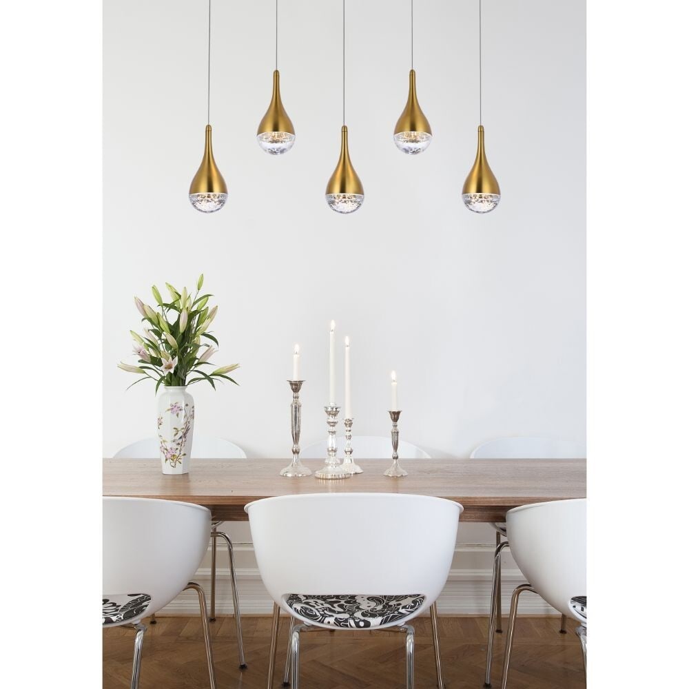 Amherst 5 Light LED Pendant in Satin Gold 34 in: Amherst 5 Light LED Pendant in Satin Gold 34 in Modern 5-light pendant chandelier with a satin gold finish and clear seeded glass details. It features integrated LED lighting, dimmable function, and a
