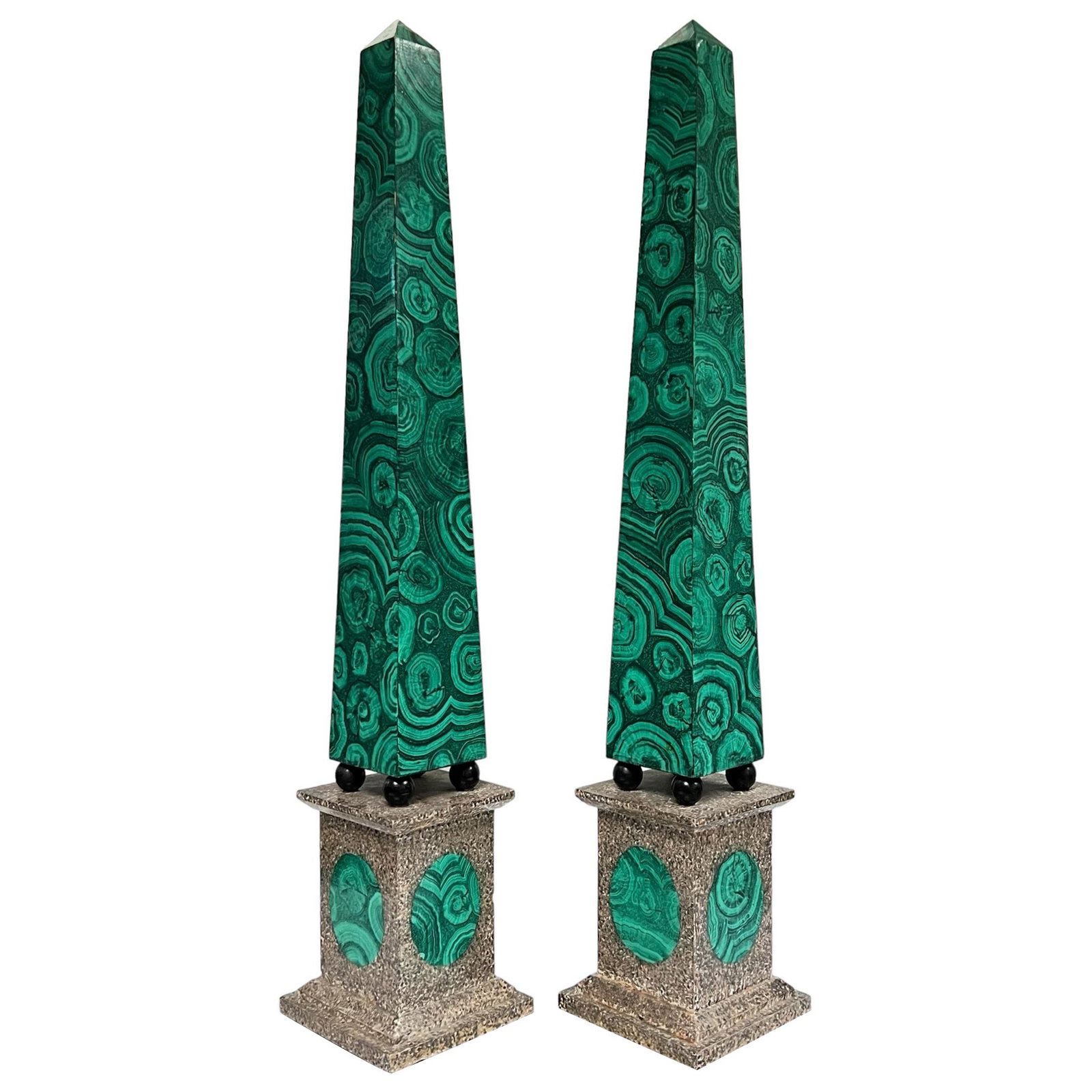 Set of Two Painted Wood Obelisks With Faux Malachite Finish: Set of Two Painted Wood Obelisks With Faux Malachite Finish This set includes two large vintage wooden obelisks, each featuring a faux malachite and granite painted finish. Crafted in the United State