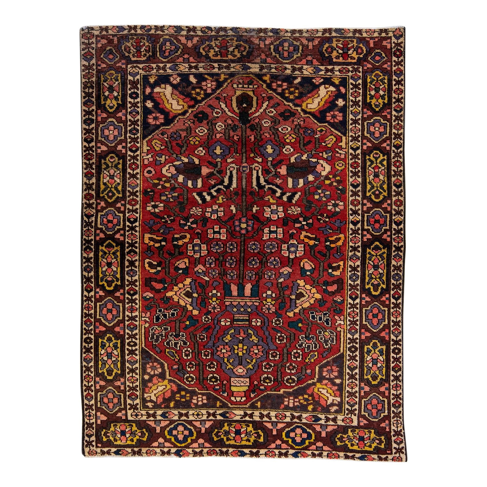 1960s Handmade Persian Bakhtiari Wool Rug Red Floral Design: 1960s Handmade Persian Bakhtiari Wool Rug Red Floral Design Add a touch of elegance to your space with this stunning vintage Persian Bakhtiari rug. Hand-knotted from high-quality wool, this piece feat