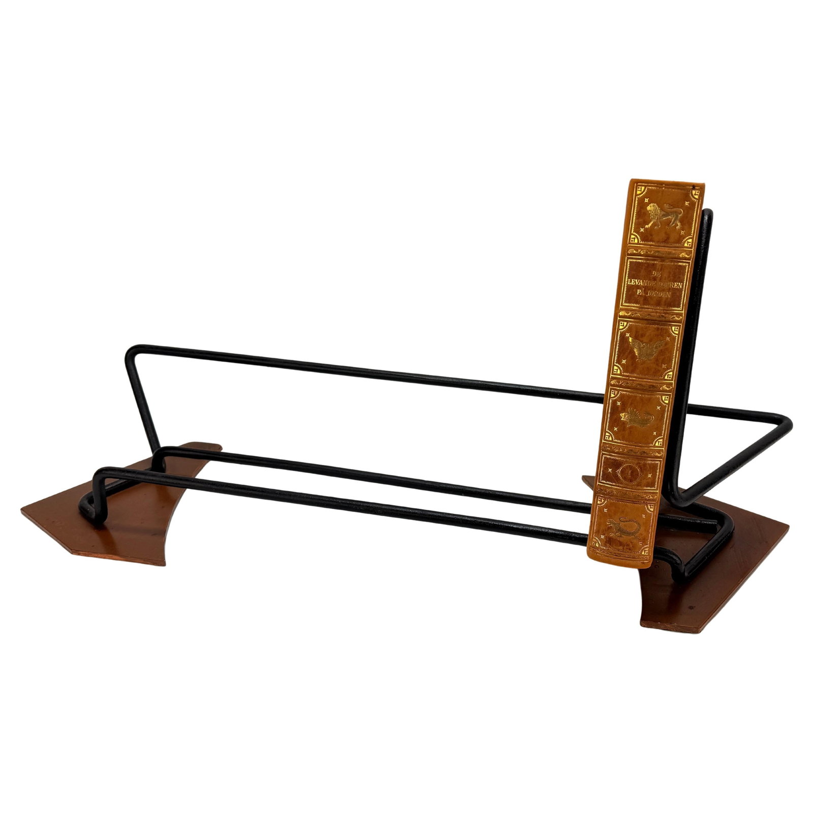 Mid-Century Modern Copper and Iron Book Rack Attributed to Arthur Umanoff: Mid-Century Modern Copper and Iron Book Rack Attributed to Arthur Umanoff This mid-century modern book rack, attributed to Arthur Umanoff and dating to circa 1960, features a minimalist iron framework