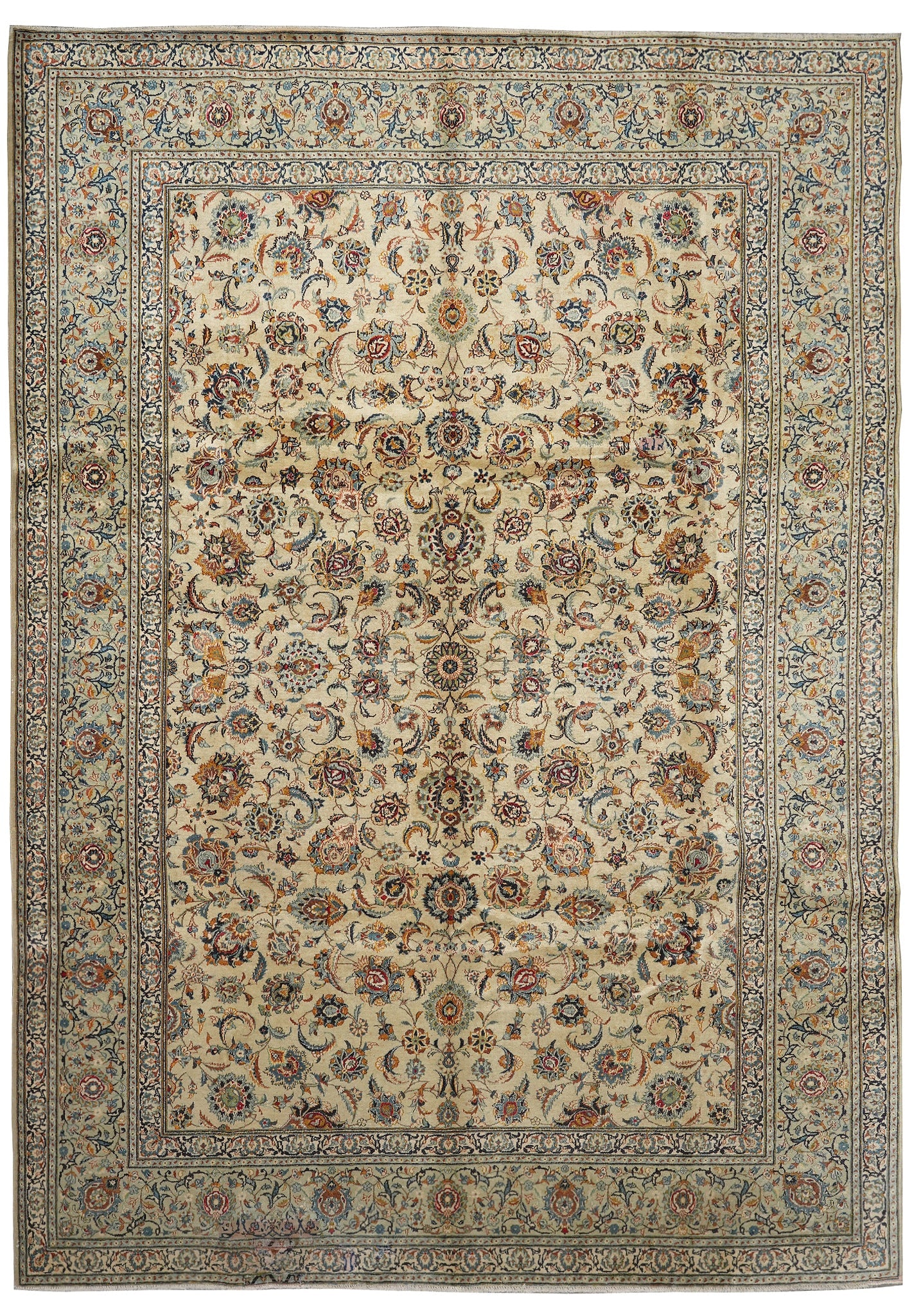 Persian Kashan Rug Ivory 9.6 x 13 ft 1970s Hand Knotted Wool: Persian Kashan Rug Ivory 9.6 x 13 ft 1970s Hand Knotted Wool Free continental US Shipping This 9.6 x 13 foot Persian Kashan rug from the 1970s showcases traditional hand-knotted craftsmanship and time