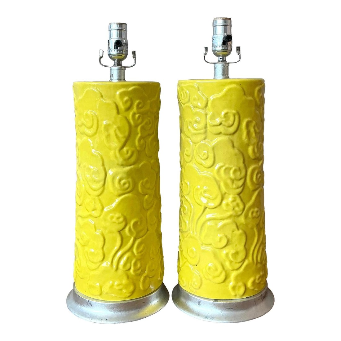 Pair of Yellow Glazed Ceramic Mid-Century Cylinder Table Lamps: Pair of Yellow Glazed Ceramic Mid-Century Cylinder Table Lamps This pair of vintage Hollywood Regency cylinder lamps is crafted from glazed ceramic and features a brilliant yellow finish with an elega