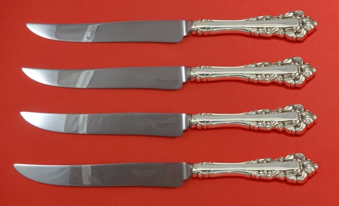 Gorham Medici New Sterling Silver 4pc Steak Knife Set Texas Sized: Gorham Medici New Sterling Silver 4pc Steak Knife Set Texas Sized Introducing the Medici New by Gorham Sterling Silver Steak Knife Set, a stunning 4-piece collection designed for those who appreciate 